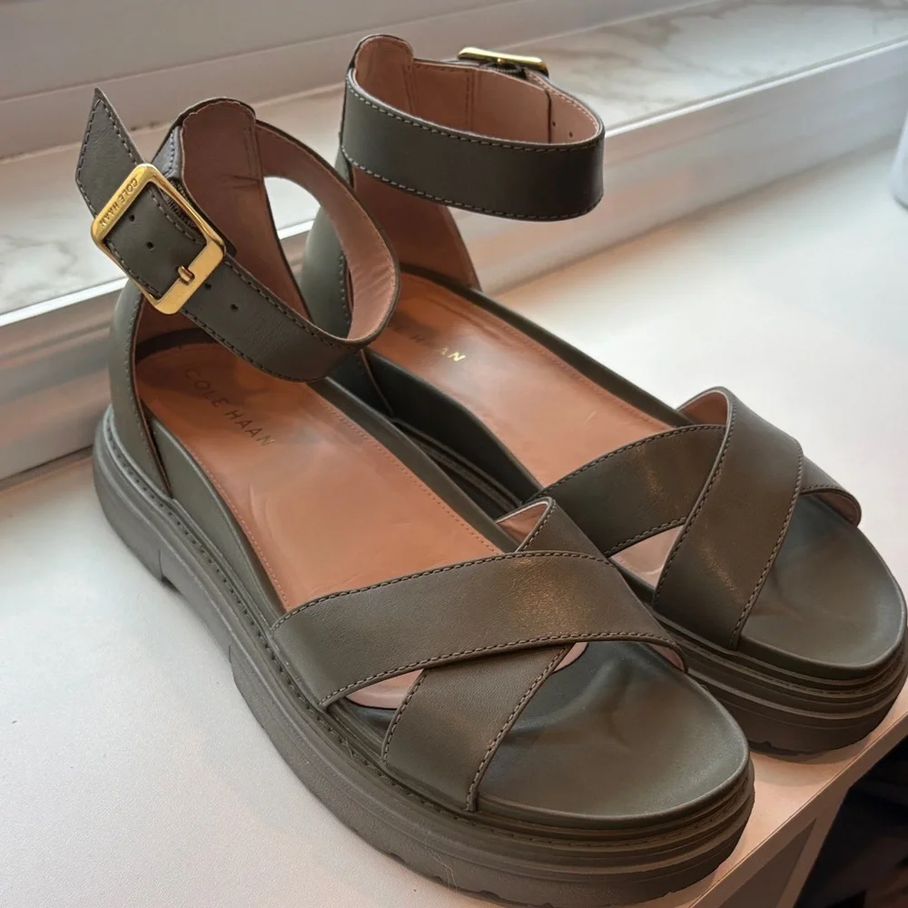Cole Haan Tea Leaf Green Leather Platform Ankle-Strap Sandals - Picture 1 of 10